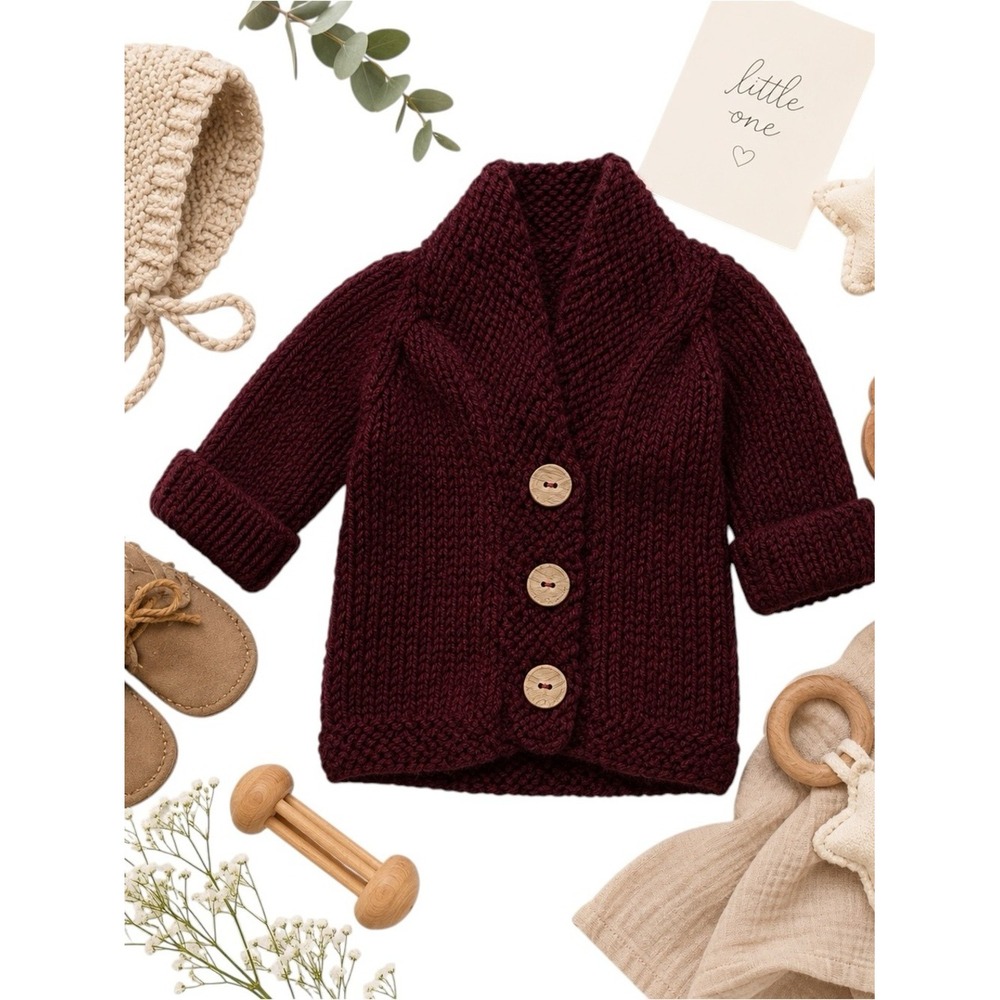 Handmade Burgundy Wool Blend Chunky Knit Baby Cardigan Heirloom Sweater NB 3-6Mo